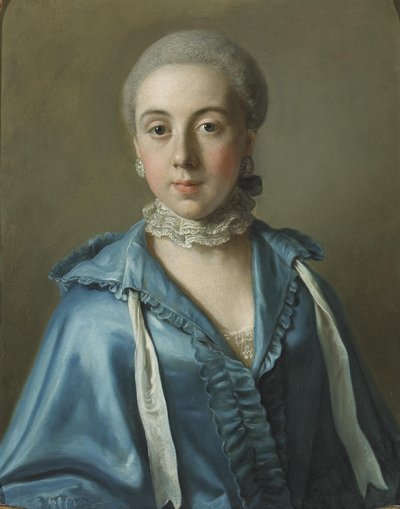 Porträt einer Dame mit blauem Kleid und Spitzenkragen von Jean Étienne Liotard